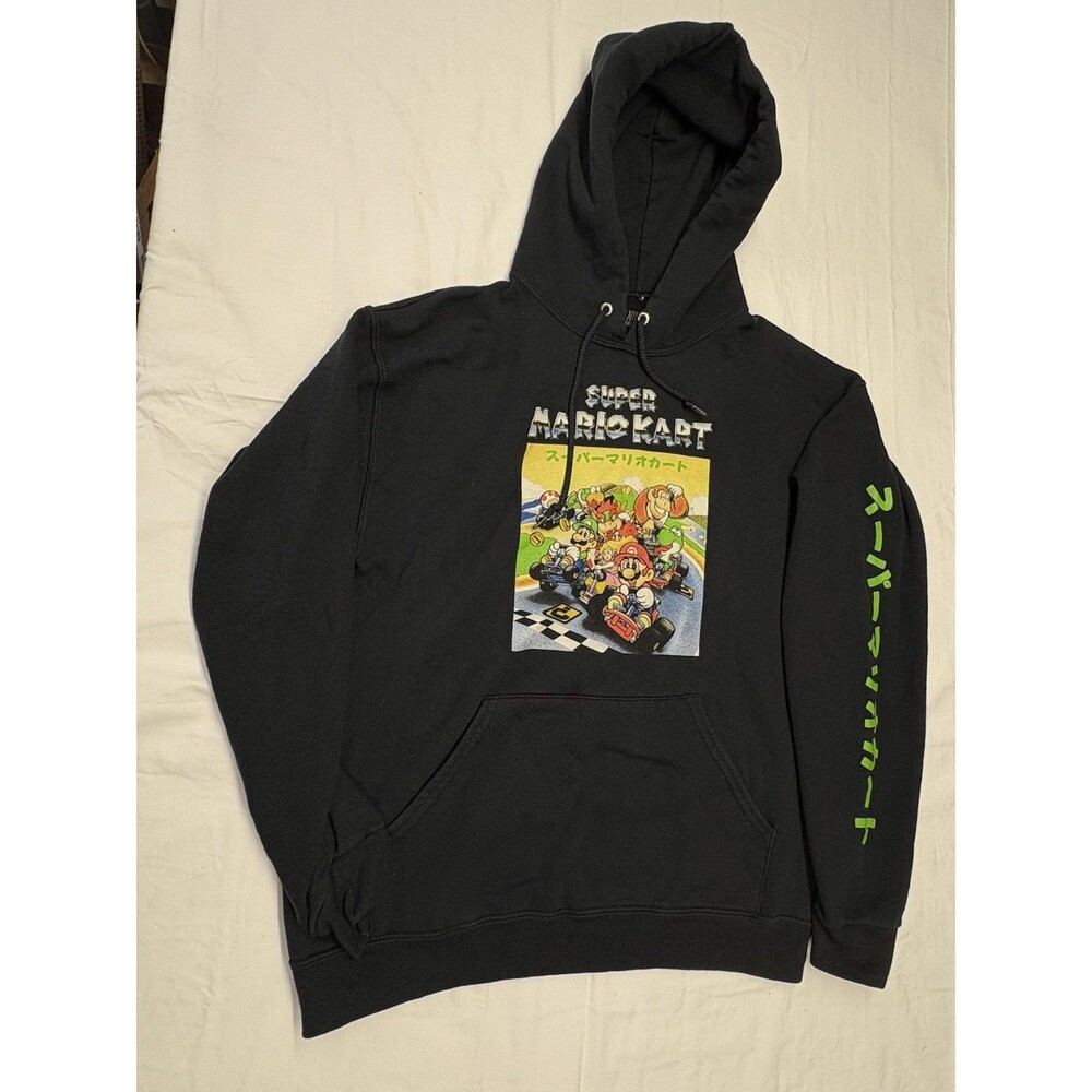 Super Nintendo Mario Kart Men’s M Black Graphic Pullover Hoodie Japanese Text